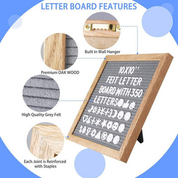 Πίνακας μηνυμάτων τετράγωνης τσόχας 10x10 ιντσών Oak Wood Message Board 460 Plastic Letters Καβαλέτο τσάντα σχεδίασης Felt Letter Board Διακόσμηση σπιτιού