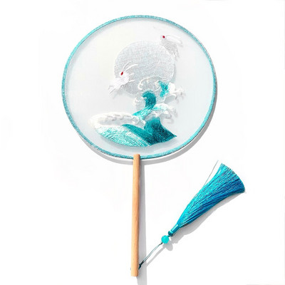 Kínai retro stílusú Kiváló, kézzel készített kétoldalas hímzés Nyúl Panda Páva Kerek Hosszú nyelű Legyezők Dance Lakásdekorációs rajongók