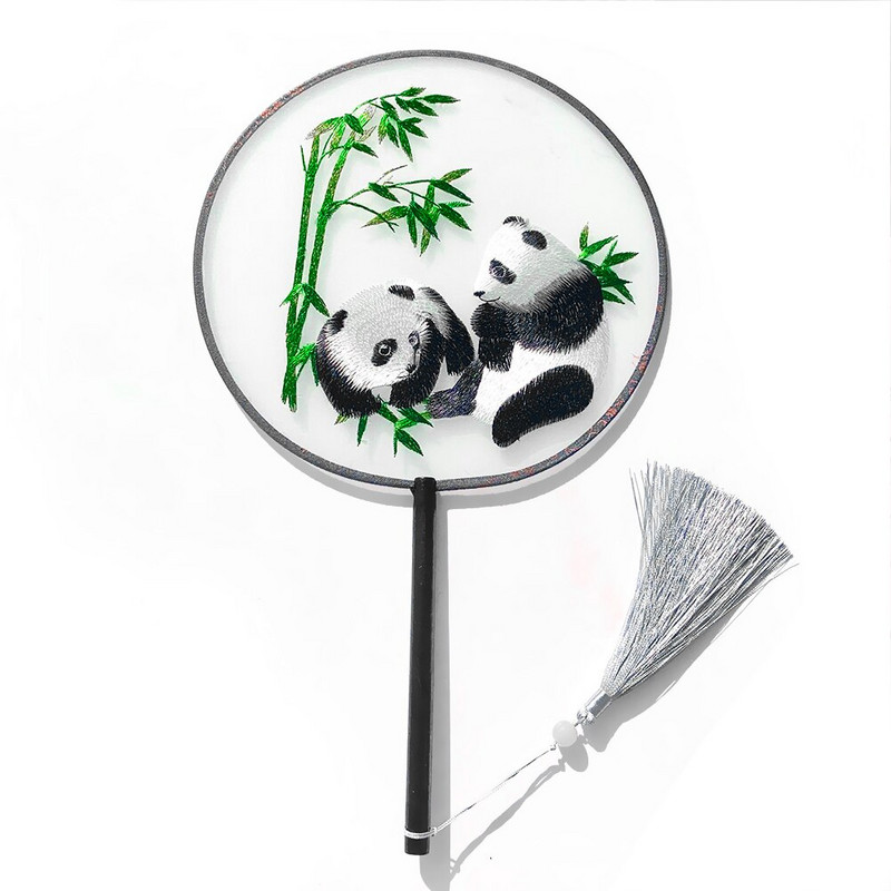 Kínai retro stílusú Kiváló, kézzel készített kétoldalas hímzés Nyúl Panda Páva Kerek Hosszú nyelű Legyezők Dance Lakásdekorációs rajongók