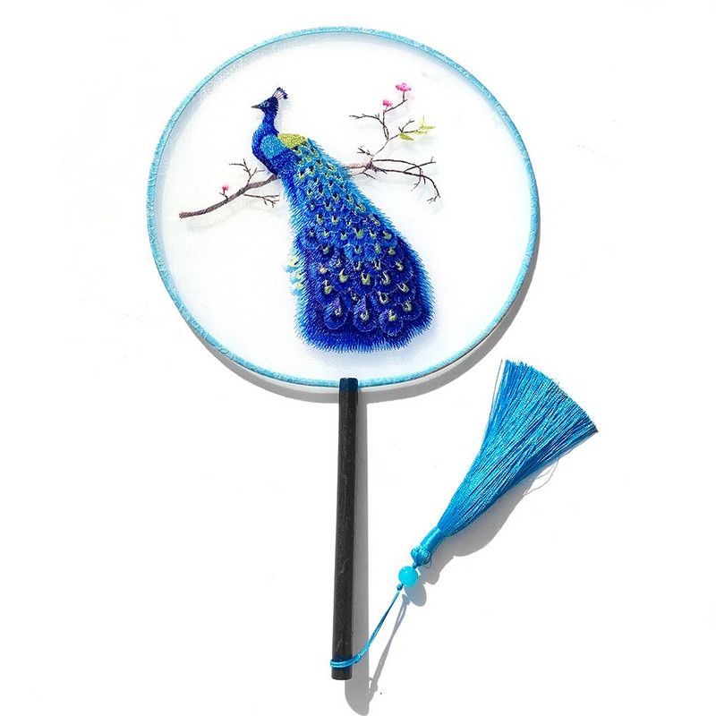 Kínai retro stílusú Kiváló, kézzel készített kétoldalas hímzés Nyúl Panda Páva Kerek Hosszú nyelű Legyezők Dance Lakásdekorációs rajongók