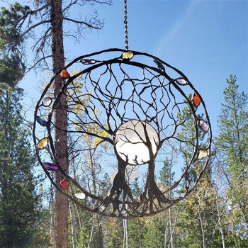 Дървото на живота Метално стенно изкуство Дървото на живота Декоративно окачено произведение на изкуството 9,8 инча Прекрасна кръгла рустикална скулптура за градина