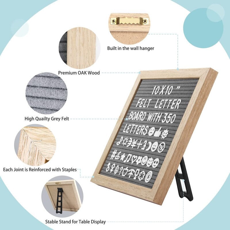 Πίνακας μηνυμάτων ξύλου 10x10 ιντσών Διακόσμηση τοίχου από φελλό Felt Letterboard Oak 460 γράμματα Τσάντα σχεδίασης Felt Letter Board Διακόσμηση σπιτιού