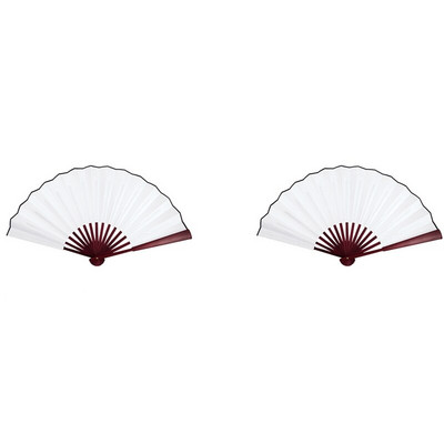 2X Férfi Női Fa fogantyú Szövet összecsukható kézi ventilátor 13 hüvelykes hosszúságú fehér színű