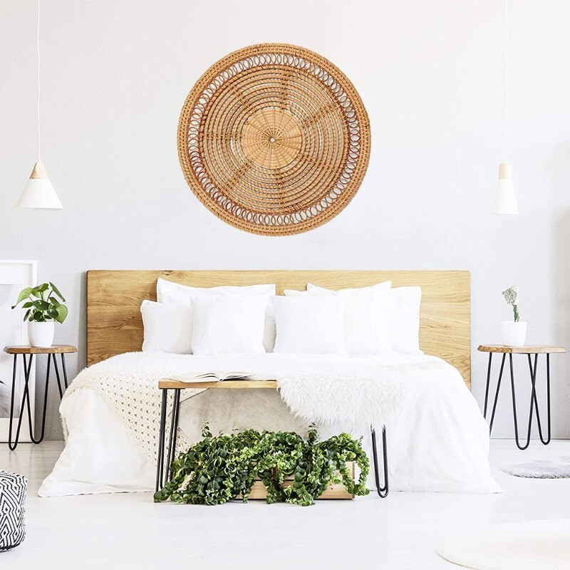 Rankų darbo pakabinamas sieninis krepšelio dekoras Natūralaus austo rotango dekoratyvinis padėklas, apvalus Boho dubuo, skirtas namų svetainei virtuvei