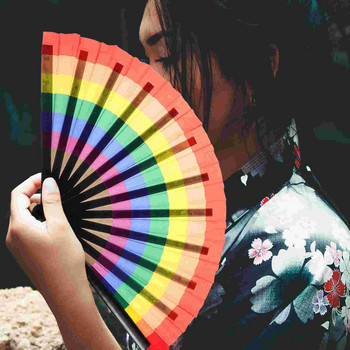 Вентилатор Сгъваеми вентилатори Hand Rainbow Китайски плат Handheld Silk Pride Japanese  Party Dancing Photography Performancedance Paper