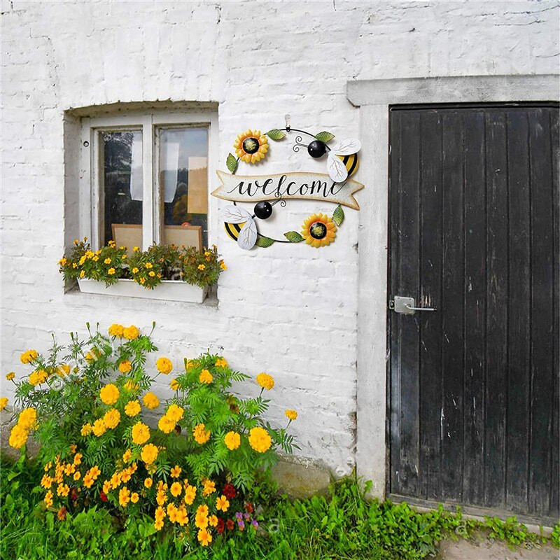 Idilic Creativ Decorare de perete pentru sufragerie Decorare de perete BINE AȚI VENIT Mică Albină Soare Floare Fier Art Pandantiv Pandantiv