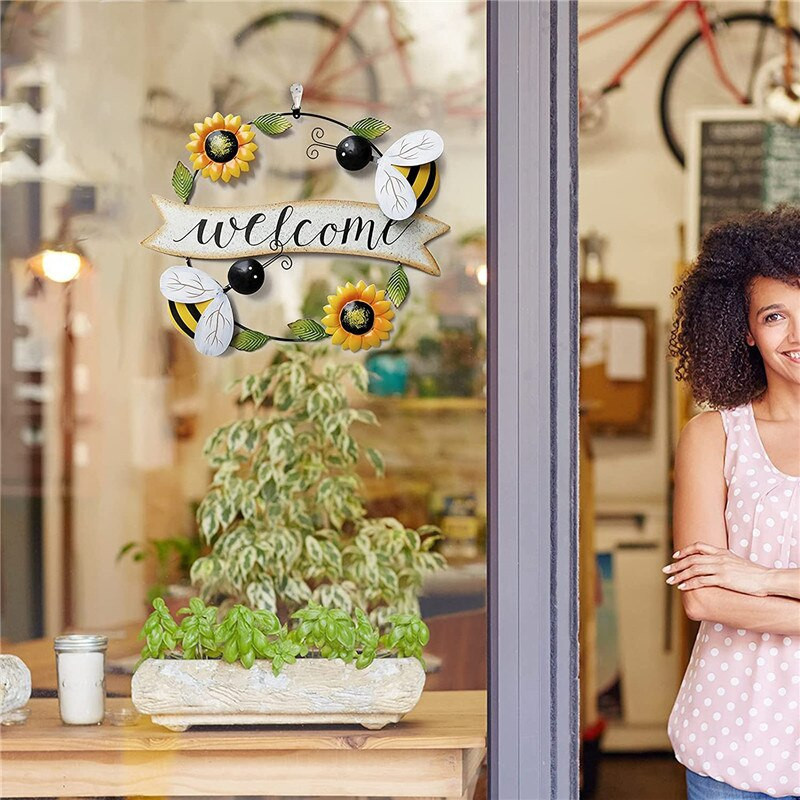 Idilic Creativ Decorare de perete pentru sufragerie Decorare de perete BINE AȚI VENIT Mică Albină Soare Floare Fier Art Pandantiv Pandantiv