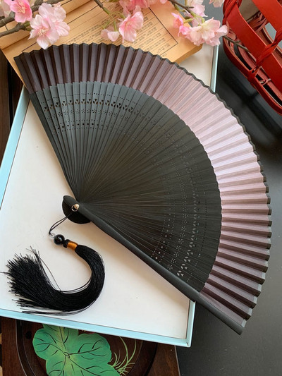 Ventilator pliabil în stil japonez Edo, în stil japonez, evantai kimono, evantai de mătase adevărată pentru femeie, flori mici, sculptate, gradient, evantai goale, auriu