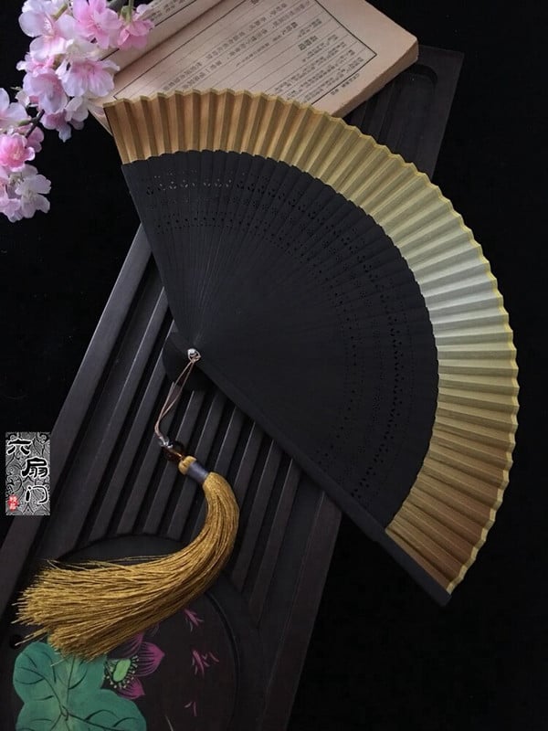 Ventilator pliabil în stil japonez Edo, în stil japonez, evantai kimono, evantai de mătase adevărată pentru femeie, flori mici, sculptate, gradient, evantai goale, auriu