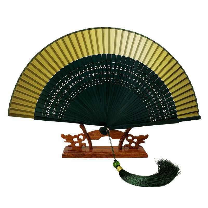 Ventilator pliabil în stil japonez Edo, în stil japonez, evantai kimono, evantai de mătase adevărată pentru femeie, flori mici, sculptate, gradient, evantai goale, auriu