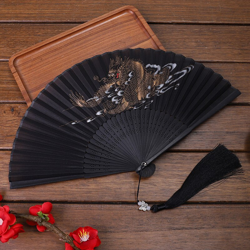 1db Vintage selyem bambusz összecsukható ventilátor bojttal kínai japán táncos kézlegyezővel lakberendezési díszek kézműves ajándék