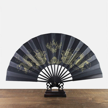 33 см ретро стил Китайски сгъваем вентилатор със златен дракон с принт Мъжки черен плат Голям ръчен вентилатор за танцуващ реквизит или декорация на дома