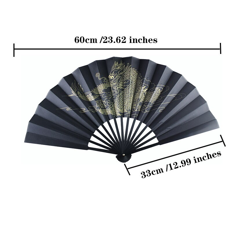 33 cm-es retro stílusú kínai arany sárkány nyomtatott összecsukható legyező férfi fekete szövet nagy kézi ventilátor tánchoz vagy otthoni dekorációhoz