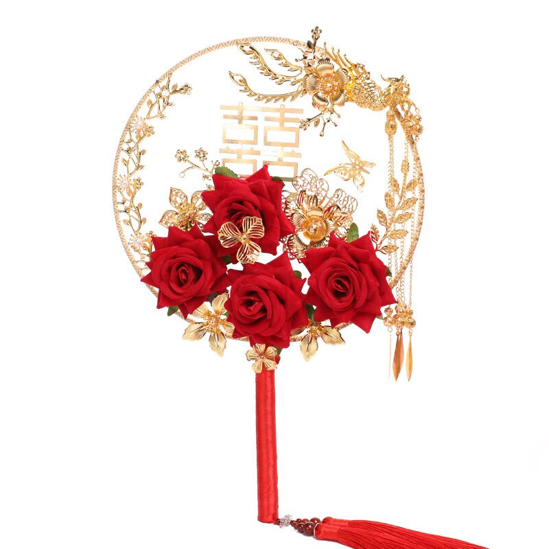 1db kínai vintage hagyományos kerek kézi rózsavirág menyasszonyi bojtlegyező esküvői kézműves rajongó fotózáshoz kellékek dekoráció