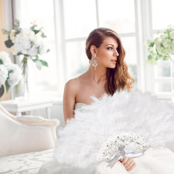 Ръчно изработени сватбени булчински ветрила от пера DIY Lace Slik White Ladies Fan for Dance Wedding Decoration DIY Hand Fan Abanicos Para Boda