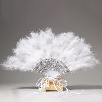 Ръчно изработени сватбени булчински ветрила от пера DIY Lace Slik White Ladies Fan for Dance Wedding Decoration DIY Hand Fan Abanicos Para Boda