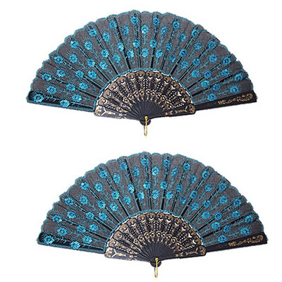 2X páva mintás flitter szövet kézi ventilátor dekoratív kék színben