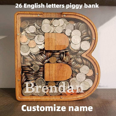 Twenty-six Letter Piggy Bank Wooden Coin Money Saving Box Jar Coins Storage Box Desktop Ornament Home Decor Crafts