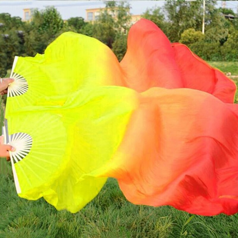 Gražus šilko trijų spalvų gradiento liepsnos šokių ventiliatorius rankomis sulankstomas bambuko ventiliatoriaus dekoravimo ventiliatorius, skirtas moteriškiems namų amatams