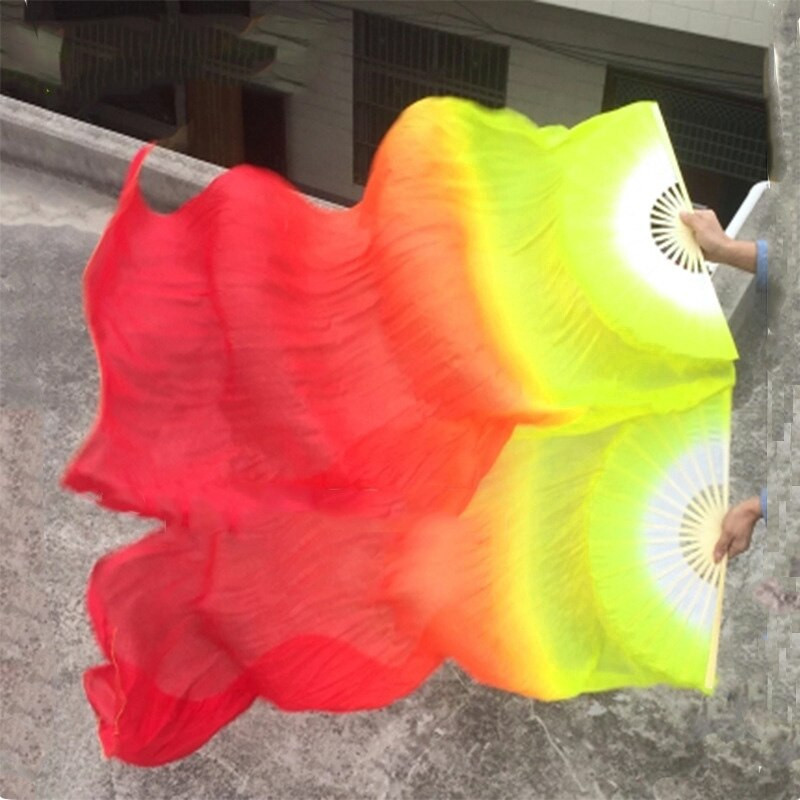 Gražus šilko trijų spalvų gradiento liepsnos šokių ventiliatorius rankomis sulankstomas bambuko ventiliatoriaus dekoravimo ventiliatorius, skirtas moteriškiems namų amatams