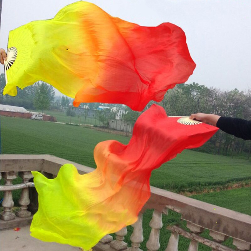 Gražus šilko trijų spalvų gradiento liepsnos šokių ventiliatorius rankomis sulankstomas bambuko ventiliatoriaus dekoravimo ventiliatorius, skirtas moteriškiems namų amatams