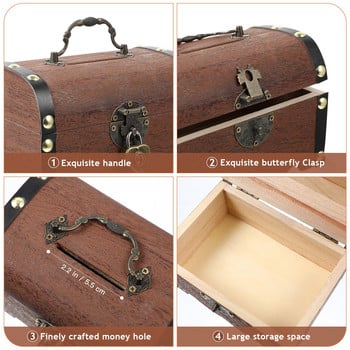 1 τμχ Vintage Treasure Storage Box Κουμπαράς Organizer Ξύλινο Θησαυρό Κουτί Θησαυρού Διακοσμητικό Ξύλινο μπαούλο αποθήκευσης με κλειδαριά