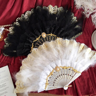 Lolita Feather Folding Fan Sweet Fairy Girl Dark Gothic Court Dance Hand Fan Art Craft Διακόσμηση δεξίωσης γάμου Δώρο βεντάλιας