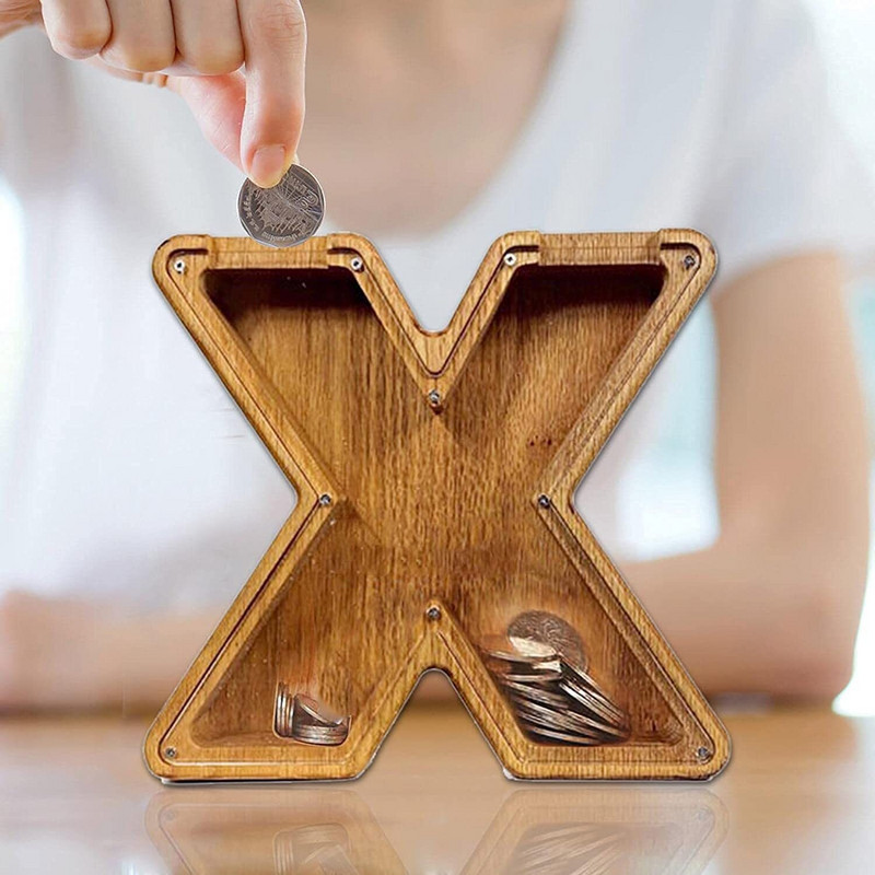 Pușculiță din lemn cu 26 de litere Depozitare pentru monede Decorație creativă transparentă pentru birou Decorarea casei Cadou de artizanat