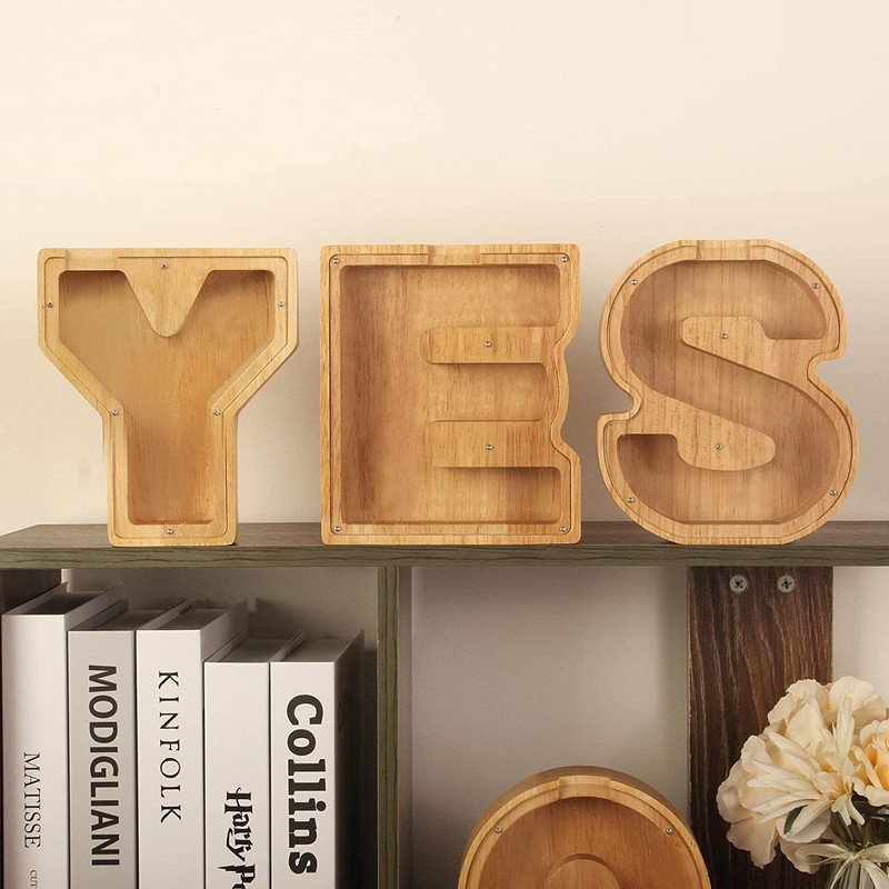 Pușculiță din lemn cu 26 de litere Depozitare pentru monede Decorație creativă transparentă pentru birou Decorarea casei Cadou de artizanat