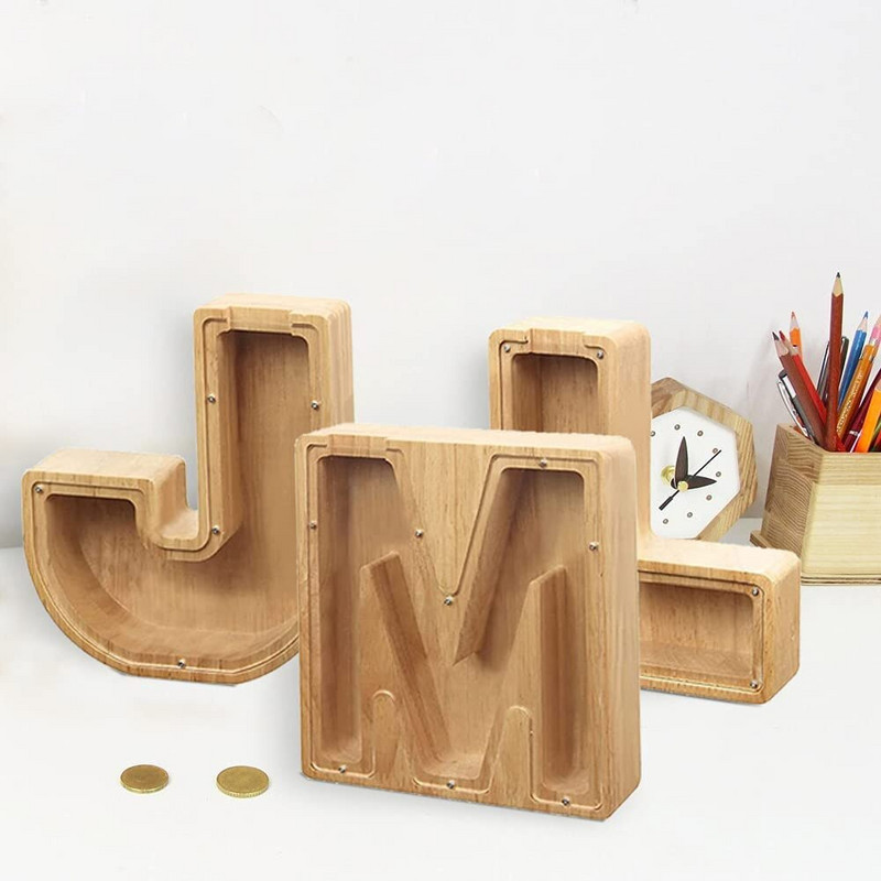 Pușculiță din lemn cu 26 de litere Depozitare pentru monede Decorație creativă transparentă pentru birou Decorarea casei Cadou de artizanat