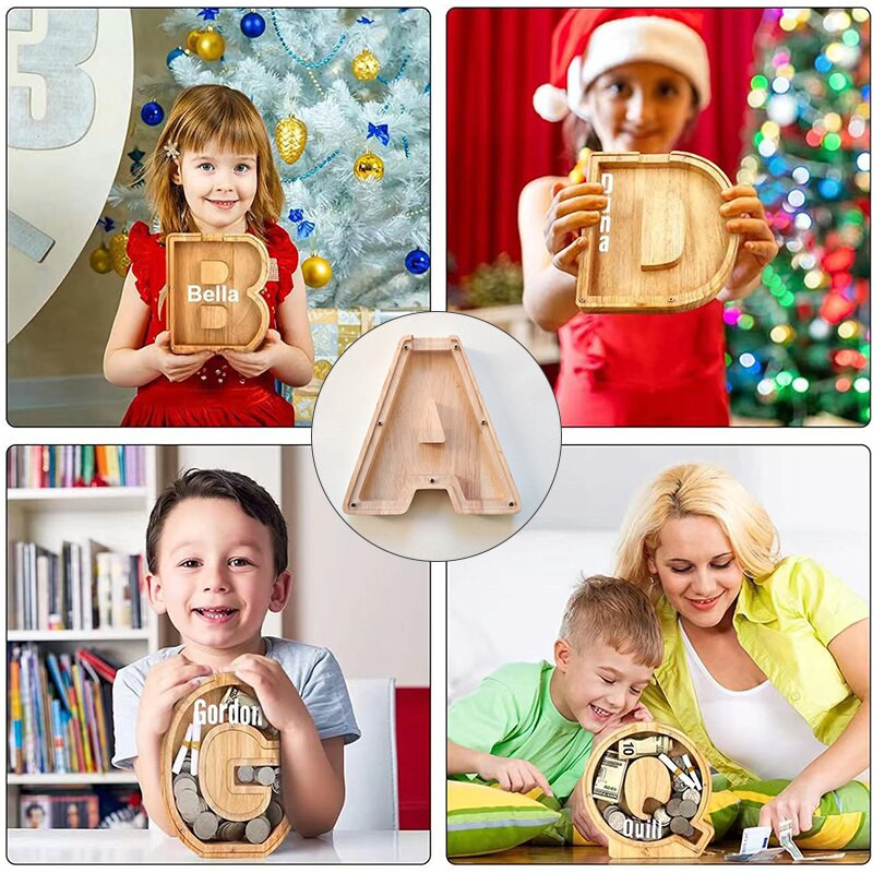 Huszonhat betűs angol ábécé malacpersely fából készült érme takarékdoboz tégelyes érmék tároló asztali díszek otthoni dekoráció kézművesség