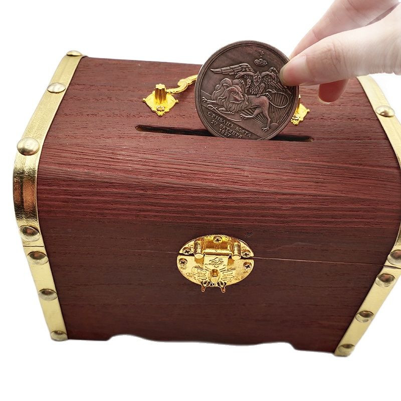 Fadoboz malacpersely Retro zárral Tároló csere takarékdoboz érméknek Készpénz Kincs Pénztár Fa kézműves gyermekajándék