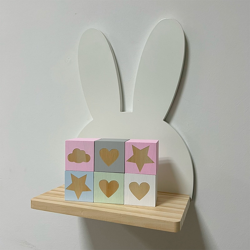Skandináv stílusú fa fali polc baba gyerekszoba dekoráció Lovely Rabbits Bear tároló állvány Lebegő polcok lakberendezési szervező