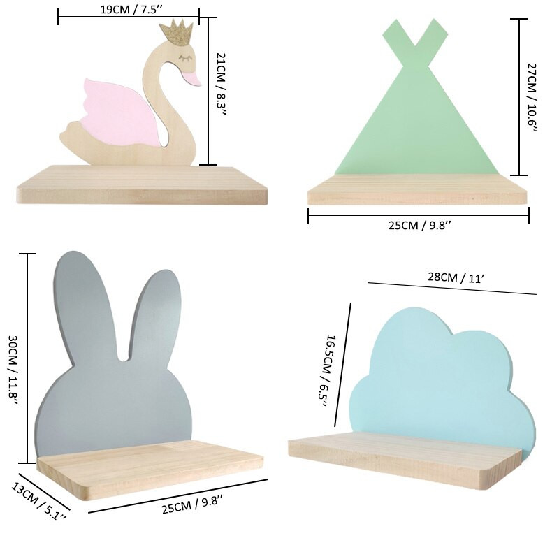 Skandináv stílusú fa fali polc baba gyerekszoba dekoráció Lovely Rabbits Bear tároló állvány Lebegő polcok lakberendezési szervező