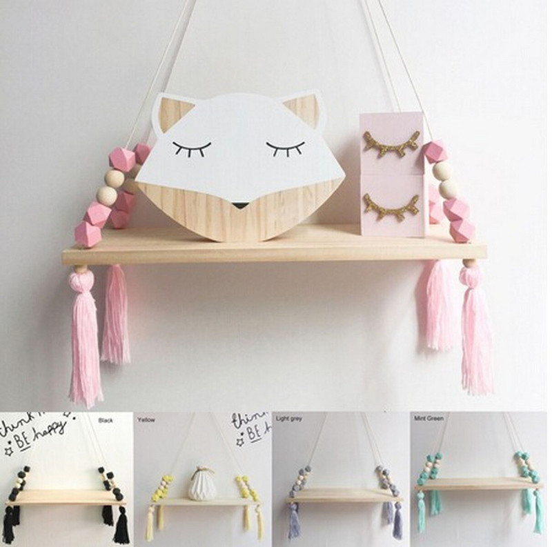 Skandinaviško stiliaus spalvingi karoliukai kutai mediniai Sieninės lentynos apdaila Vaikų kambario vaikiškų drabužių parduotuvės stendas