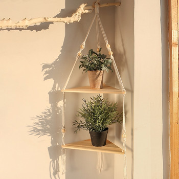 Двуслойни макраме Висящи рафтове Плаващ рафт за растения Бохо домашен декор Дървени стенни рафтове за спалня, всекидневна
