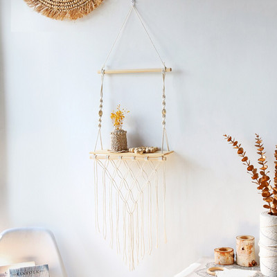 Kétrétegű makramé akasztós polcok Lebegő polc növényekhez Boho Home Decor Fa fali polcok hálószobába, nappaliba
