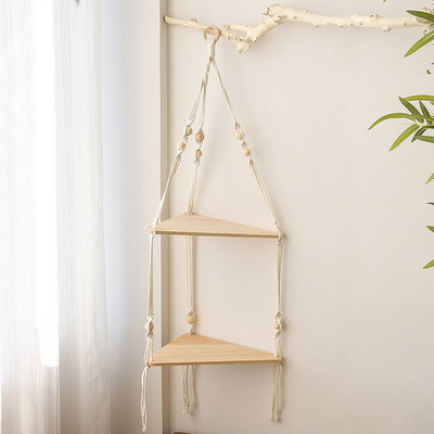 Kétrétegű makramé akasztós polcok Lebegő polc növényekhez Boho Home Decor Fa fali polcok hálószobába, nappaliba