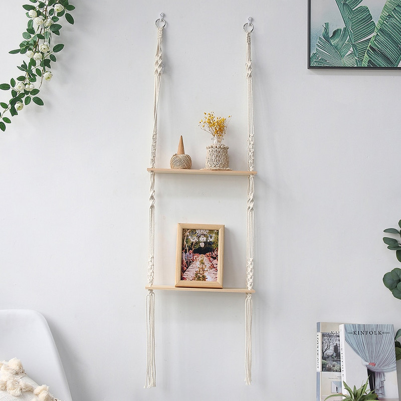 Kétrétegű makramé akasztós polcok Lebegő polc növényekhez Boho Home Decor Fa fali polcok hálószobába, nappaliba