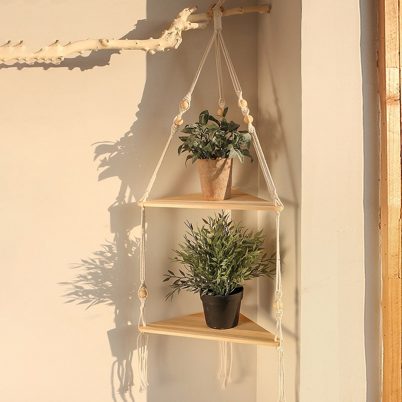Kétrétegű makramé akasztós polcok Lebegő polc növényekhez Boho Home Decor Fa fali polcok hálószobába, nappaliba
