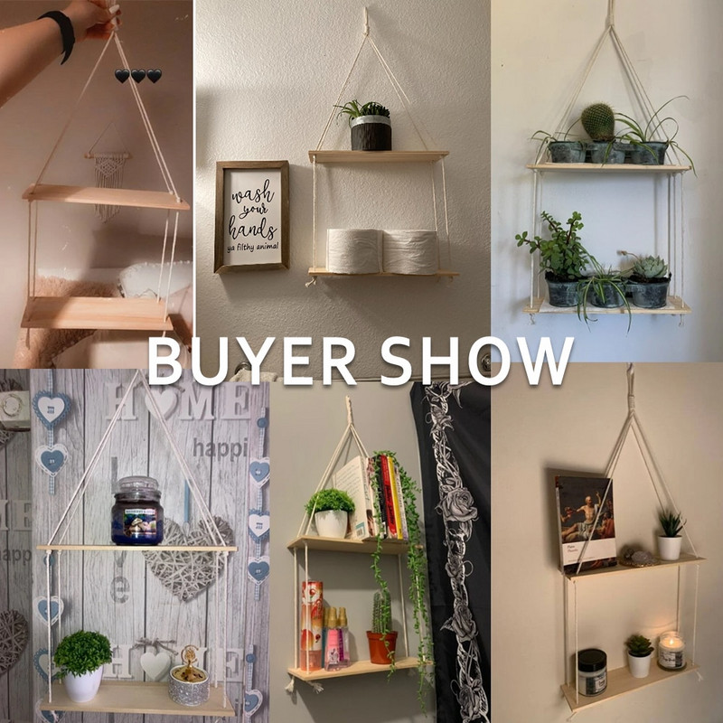 Kétrétegű makramé akasztós polcok Lebegő polc növényekhez Boho Home Decor Fa fali polcok hálószobába, nappaliba
