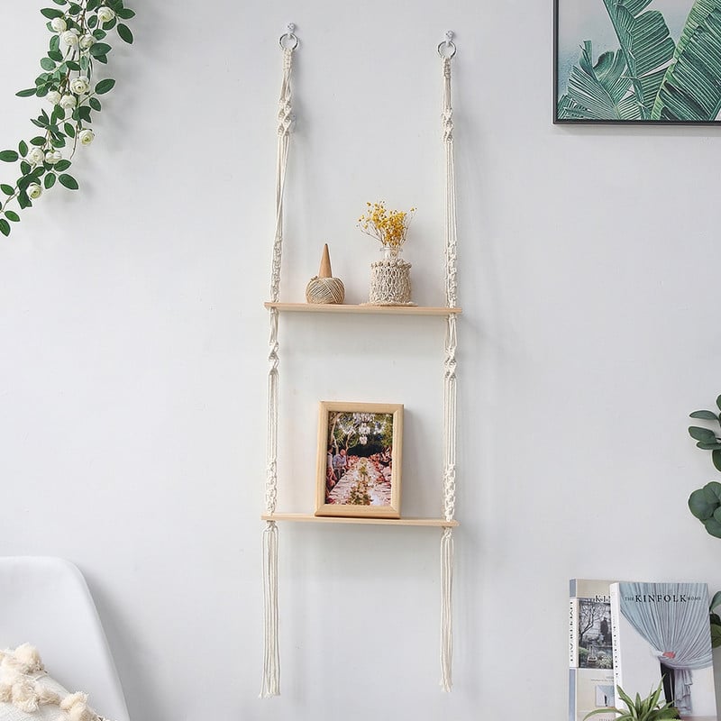 Függesztett polcok fali makrém kötélfa, lengő háromszögű lebegő polc, modern boho dekor, növény, nappali, hálószoba