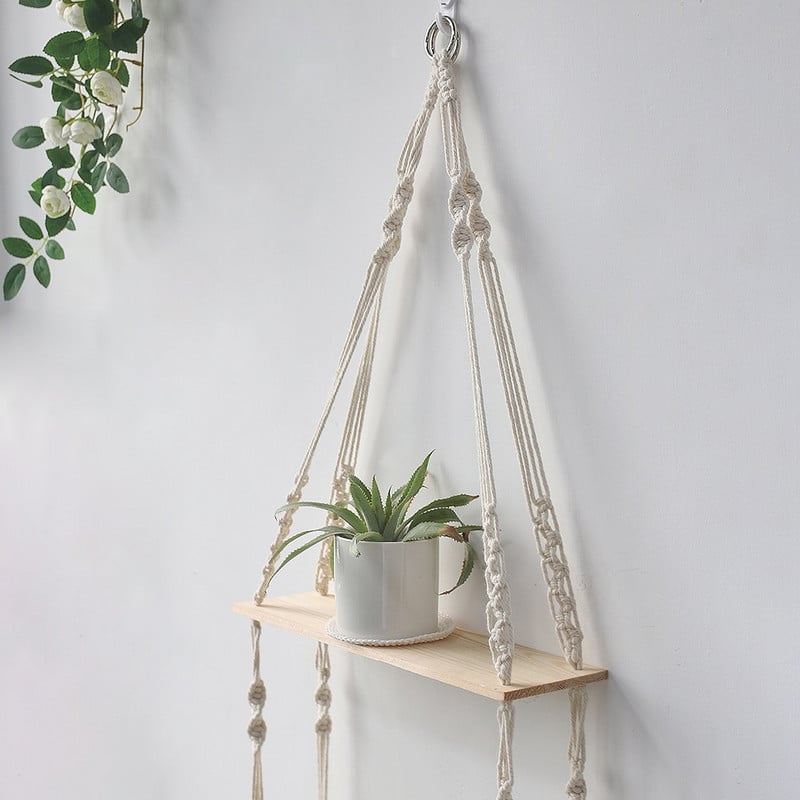 Függesztett polcok fali makrém kötélfa, lengő háromszögű lebegő polc, modern boho dekor, növény, nappali, hálószoba