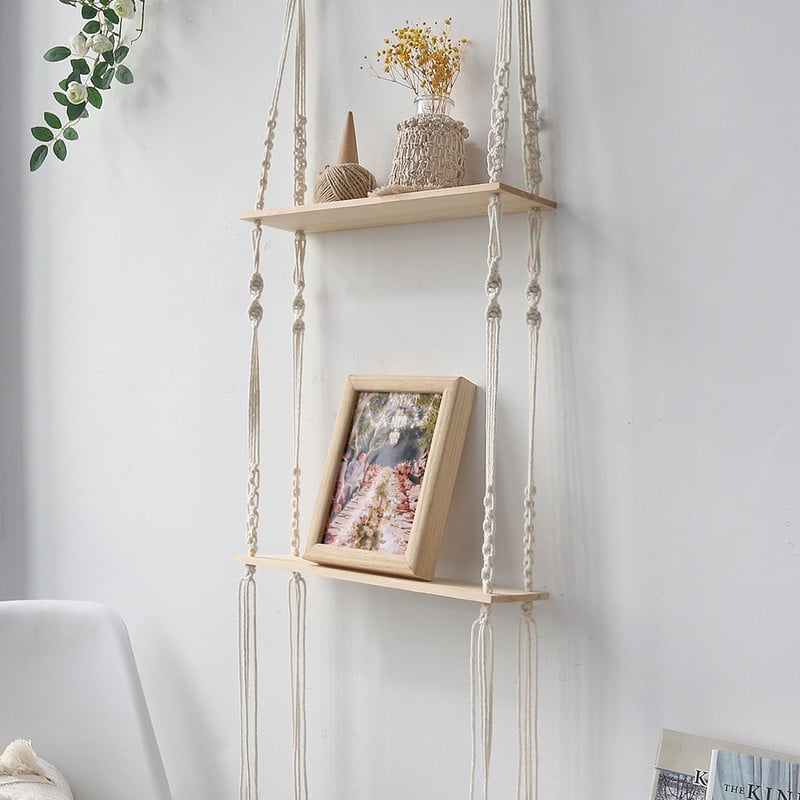 Függesztett polcok fali makrém kötélfa, lengő háromszögű lebegő polc, modern boho dekor, növény, nappali, hálószoba