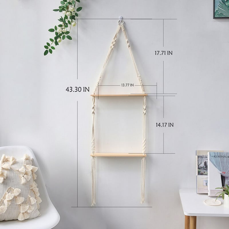 Függesztett polcok fali makrém kötélfa, lengő háromszögű lebegő polc, modern boho dekor, növény, nappali, hálószoba