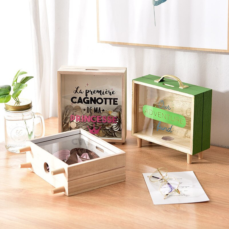 Kūrybingas medinis lagaminas Piggy Bank Visiškai naujas medinis Piggy Bank pinigų dėžutė Animacinis filmas vaikams Vaikų taupymo pinigų dėžutė Monetų kasos dėžutė