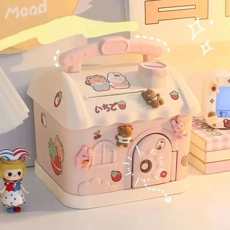 Kawaii malacpersely rajzfilm, aranyos ház formájú persely malacpersely, zárral és kulccsal, 2022-es ajándék doboz gyerekeknek.