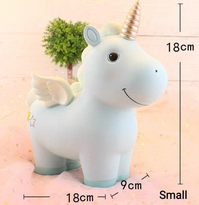 Pușculiță cu unicorn cu desene animate drăguț pentru copii, fete, băieți, cutie mare de economii de bani pentru animale din rășină, cutie organizatoare, suport pentru monede