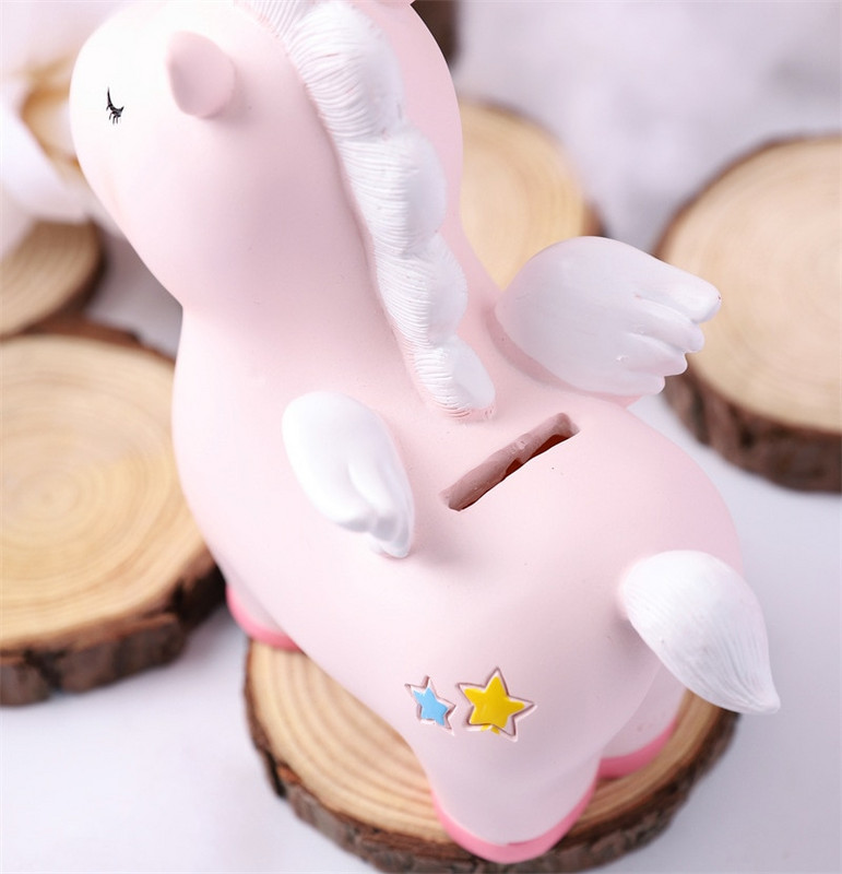 Pușculiță cu unicorn cu desene animate drăguț pentru copii, fete, băieți, cutie mare de economii de bani pentru animale din rășină, cutie organizatoare, suport pentru monede