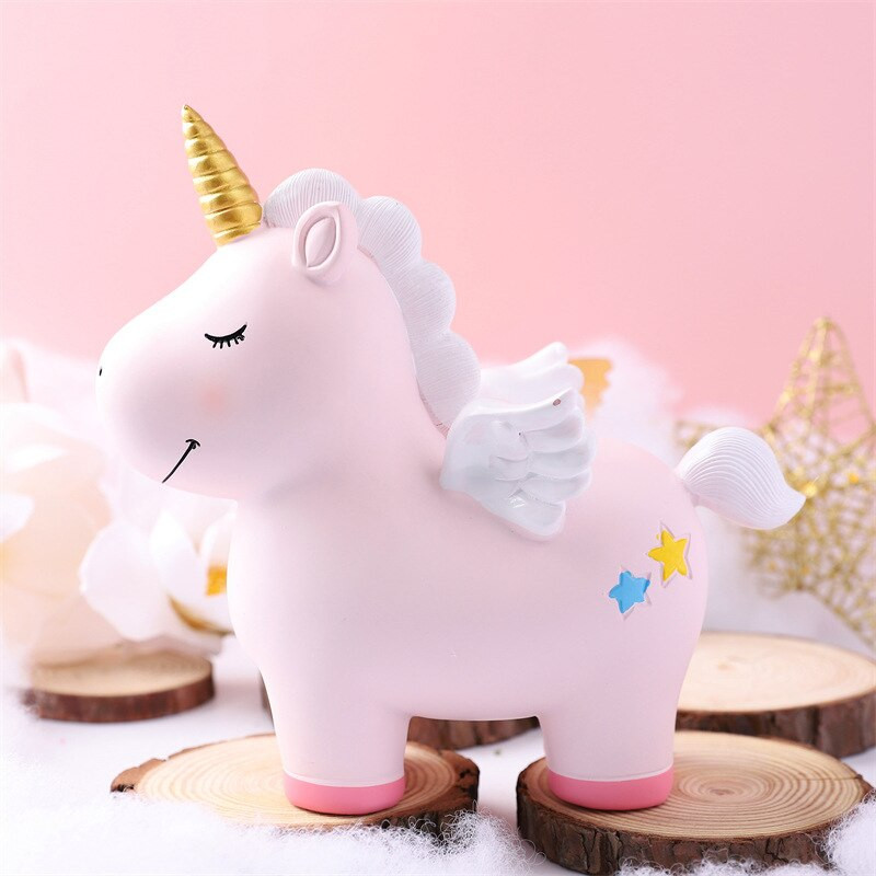 Pușculiță cu unicorn cu desene animate drăguț pentru copii, fete, băieți, cutie mare de economii de bani pentru animale din rășină, cutie organizatoare, suport pentru monede